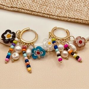 Free People Colorful Beaded Flower Glass, Pearl Dangle Drop Huggie Hoop Earrings